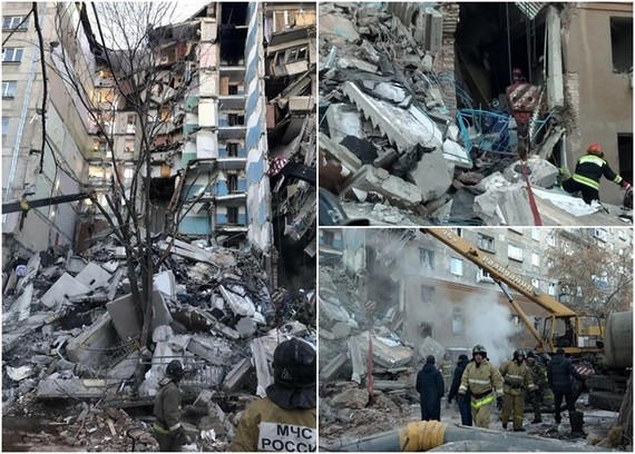 爆炸威力強大使大廈損毀嚴重，救援人員在場搜救。（圖源：互聯網）