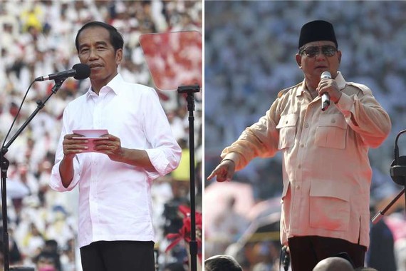 印尼大選今(17)日登場，圖為兩位主要總統候選人：現任總統佐科（左）與前軍事將領普拉博沃（右）。（圖源：AP）