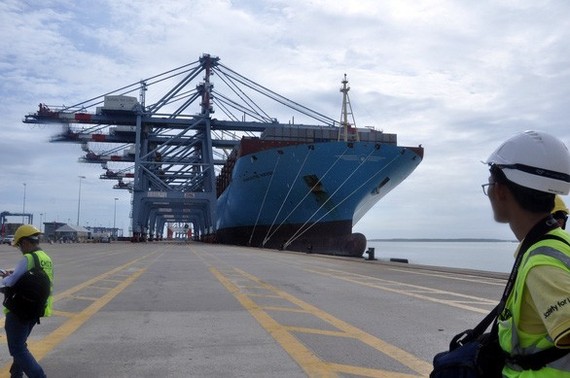 大型集裝箱運貨船抵達丐密-氏槐港。（圖源：東河）