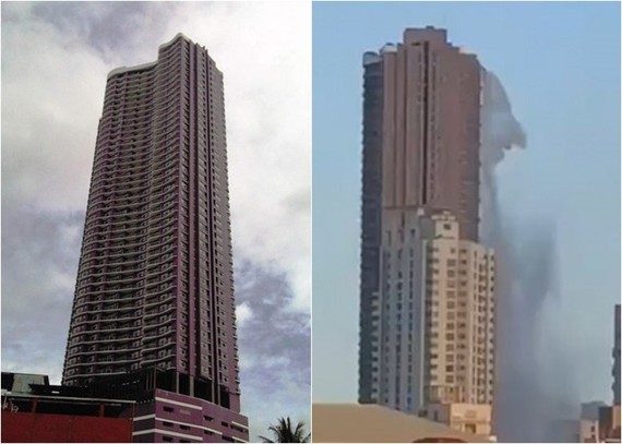 位於馬尼拉唐人街的181米高豪宅“Anchor Skysuites”，在地震時不斷搖晃，天台泳池的池水搖至傾瀉而出、場面駭人。（圖源：互聯網）