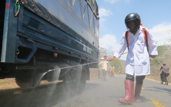 設在平順省28號國道上的順和臨時動物檢疫站人員給豬隻運輸車噴灑消毒劑。（圖源：VOV）