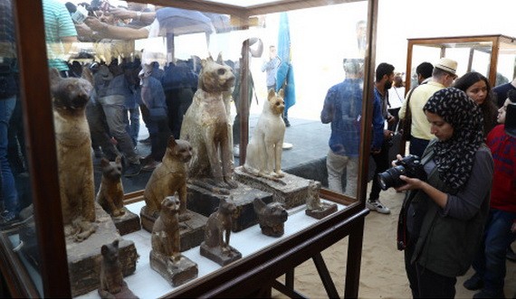 人們在新發現的動物雕像前參觀。（圖源：互聯網）