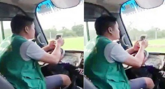 巴士司機高如意駕車時竟以手肘控制方向盤，雙手卻滑著手機。（圖源：視頻截圖）