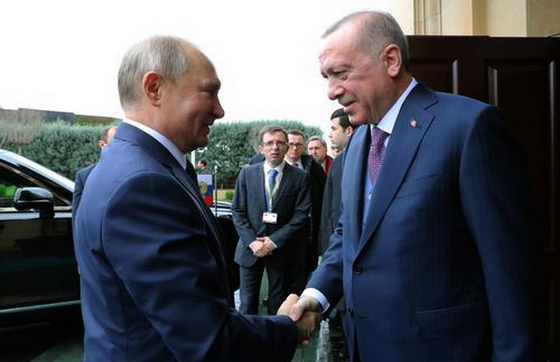 1月8日，土耳其總統埃爾多安（右）在伊斯坦布爾歡迎到訪的俄羅斯總統普京。（圖源：新華社）