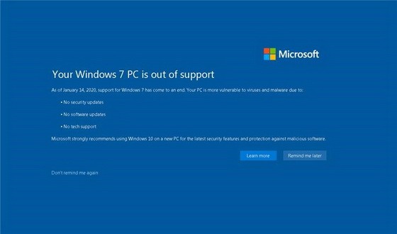 微軟(Microsoft)14日起停止為視窗操作系統Windows 7提供免費安全更新。（圖源：互聯網）