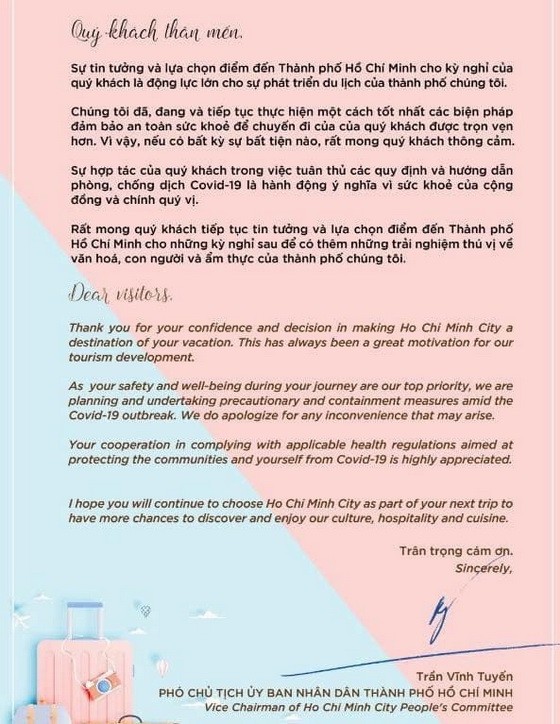 由市人委會副主席陳永線簽署一封致遊客的越、英雙語信函。（圖源：網站截圖）