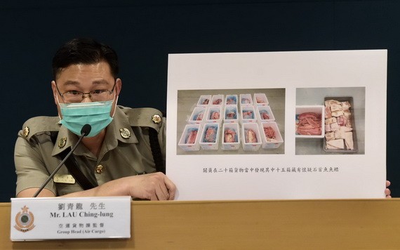 6月8日下午，香港海關舉行記者會宣佈，本月4日於香港國際機場檢獲約160公斤懷疑受管制石首魚魚肚，估計市值約2500萬港元。（圖源：香港中通社）