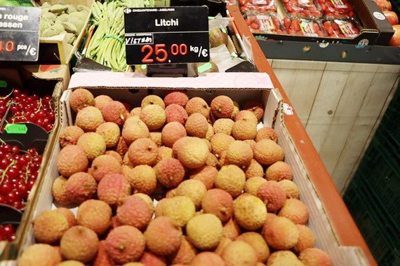 越南荔枝在比利時Carrefour超市裡擺售。（示意圖源：越通社）