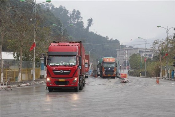 运载货物的大货车经友谊国际口岸入境越南。（图：越通社）