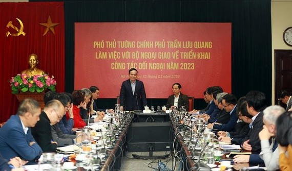 政府副总理陈留光（站）在会议上发表讲话。（图：VGP）