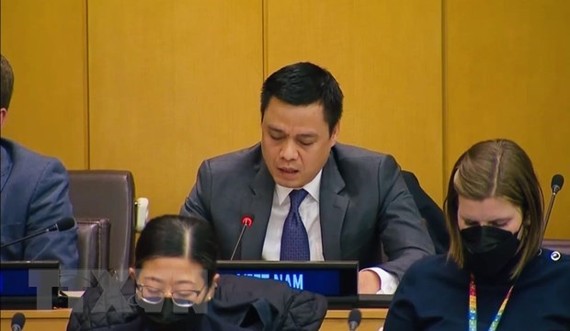 越南常驻联合国代表邓黄江大使在会议上发表讲话。（图：越通社）