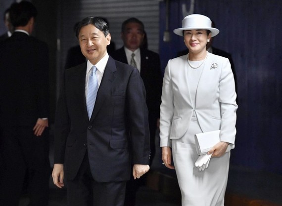日皇德仁與皇后雅子7日出席日本更生保護70週年大會。 （共同社提供）