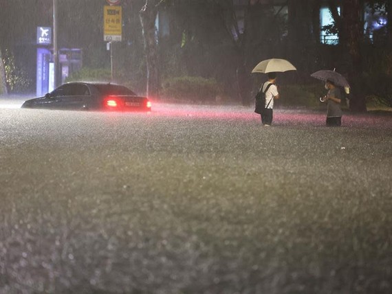 林佳鋒 2022年8月9日 週二 上午10:44 圖片 南韓首爾地區8日起降下大雨，造成7死6失蹤，江南區路面變成一條小河。美聯社