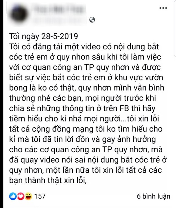Lên facebook đăng tin bắt cóc trẻ em sai sự thât bị công an "sờ gáy" ảnh 1