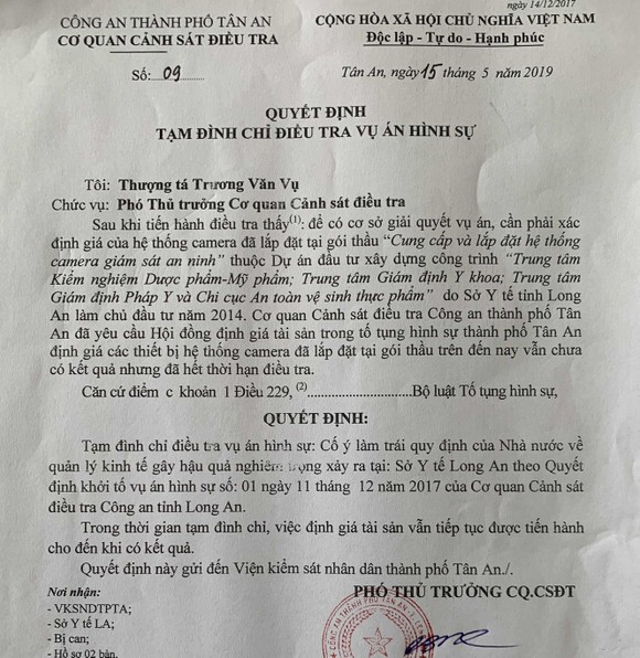 Vụ nguyên Giám đốc Sở Y tế Long An bị khởi tố:Cơ quan CSĐT tạm đình chỉ điều tra bị can ảnh 1