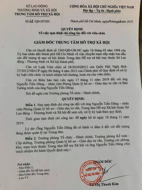 Tạm đình chỉ công tác cán bộ Trung tâm Hỗ trợ xã hội TPHCM dâm ô trẻ em ảnh 2