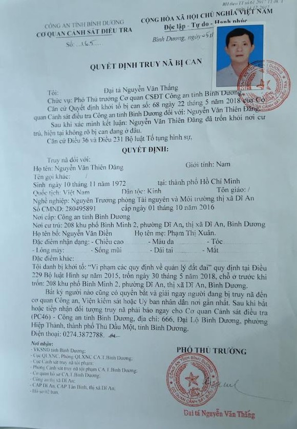 Truy nã nguyên Trưởng phòng Tài nguyên Môi Trường thị xã Dĩ An, tỉnh Bình Dương ảnh 1