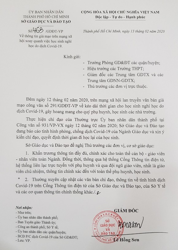 Công an TPHCM vào cuộc điều tra vụ văn bản giả mạo thời gian học sinh đi học lại vì dịch Covid - 19 ảnh 1