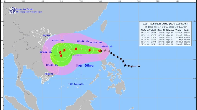 Vị trí bão Trami (bão số 6) vào 17 giờ chiều 24-10
