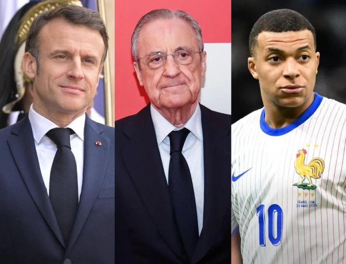 French President Emmanuel Macron, Real Madrid President Florentino Perez and Kylian Mbappe