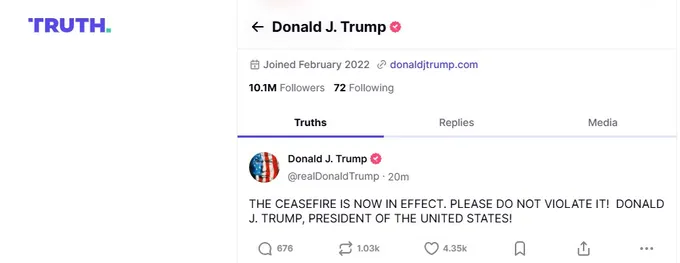 Tổng thống Mỹ Donald Trump viết trên mạng xã hội TruthSocial. Ảnh: TRUTH Trump 1.jpg