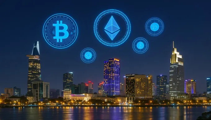 Hình ảnh minh họa các đồng tiền mã hóa như Bitcoin, Ethereum xuất hiện nổi bật trên nền đô thị hiện đại của TPHCM. Ảnh: Hoàng Hùng $5a.jpg