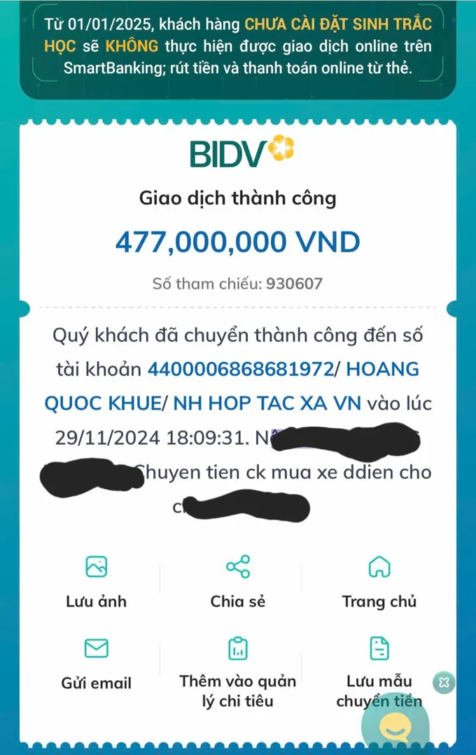 Một gia đình chuyển cho Hoàng Quốc Khuê 477 triệu đồng sau khi đưa tiền mặt 150 triệu đồng để mua xe điện đắt hơn bình thường 6 lần 1000025801.jpg
