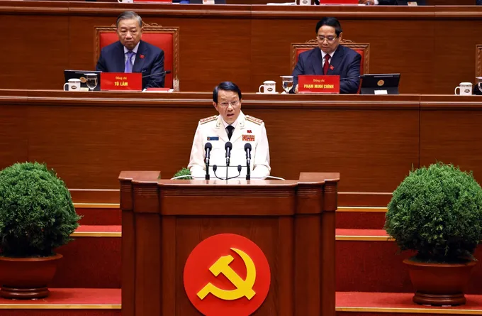 Đồng ch&iacute; Lương Tam Quang, Ủy vi&ecirc;n Bộ Ch&iacute;nh trị, B&iacute; thư Đảng ủy C&ocirc;ng an Trung ương, Bộ trưởng Bộ C&ocirc;ng an, tham luận về vấn đề &ldquo;C&ocirc;ng t&aacute;c c&ocirc;ng an thực hiệnQ..jpg