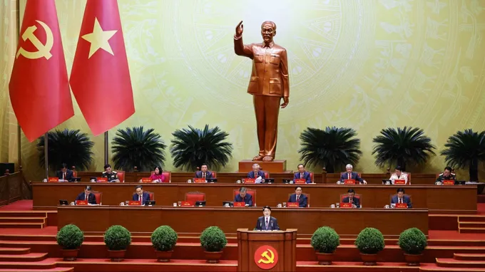 Đồng chí Lương Cường, Ủy viên Bộ Chính trị, Chủ tịch nước trình bày Diễn văn khai mạc Đại hội. Ảnh: TTXVN