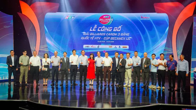 Các đại diện từ Sở VH-TT TPHCM, HTV, Liên đoàn Billiards-Snooker Việt Nam...tại lễ công bố. Ảnh: Quỳnh Mai 1000035631.jpg