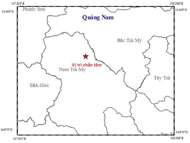 昨(21)日上午廣南省連續發生兩起地震。圖中星號表示震中位置。（圖源：地球物理院）