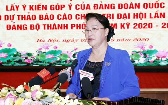 國會主席阮氏金銀在會上講話。（圖源：越通社）