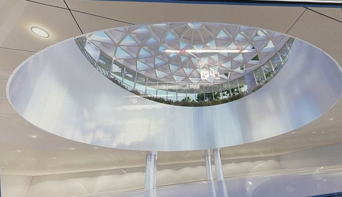 巨型穹頂以蓮花形設計，由玻璃和鋁蜂窩板兩種主要材料交織而成。（圖：四貴）