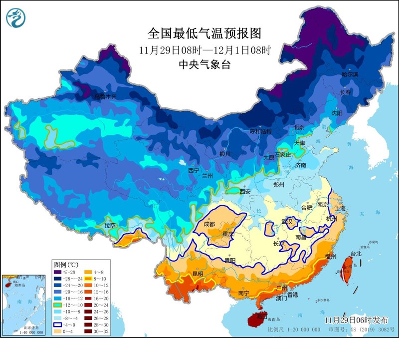 圖為29日中國中央氣象台發佈的全國大風降溫預報圖。（圖：中國中央氣象台）
