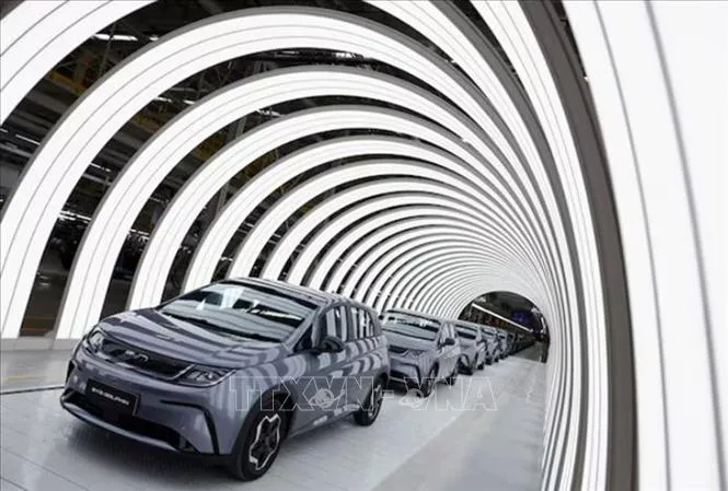 Xe &ocirc; t&ocirc; điện b&ecirc;n trong nh&agrave; m&aacute;y của h&atilde;ng BYD ở Rayong, Th&aacute;i Lan. Ảnh: TTXVN