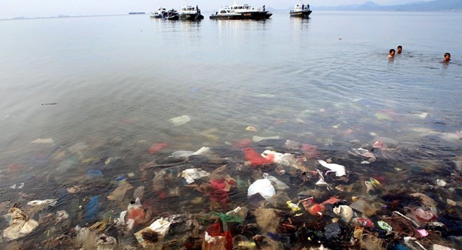 Plastic waste seen submerged in water during an event to clear garbage from Lampung bay in the Sukaraja village in the Bumi Waras subdistrict of Bandar Lampung on February 21, 2019 (Source: AFP)